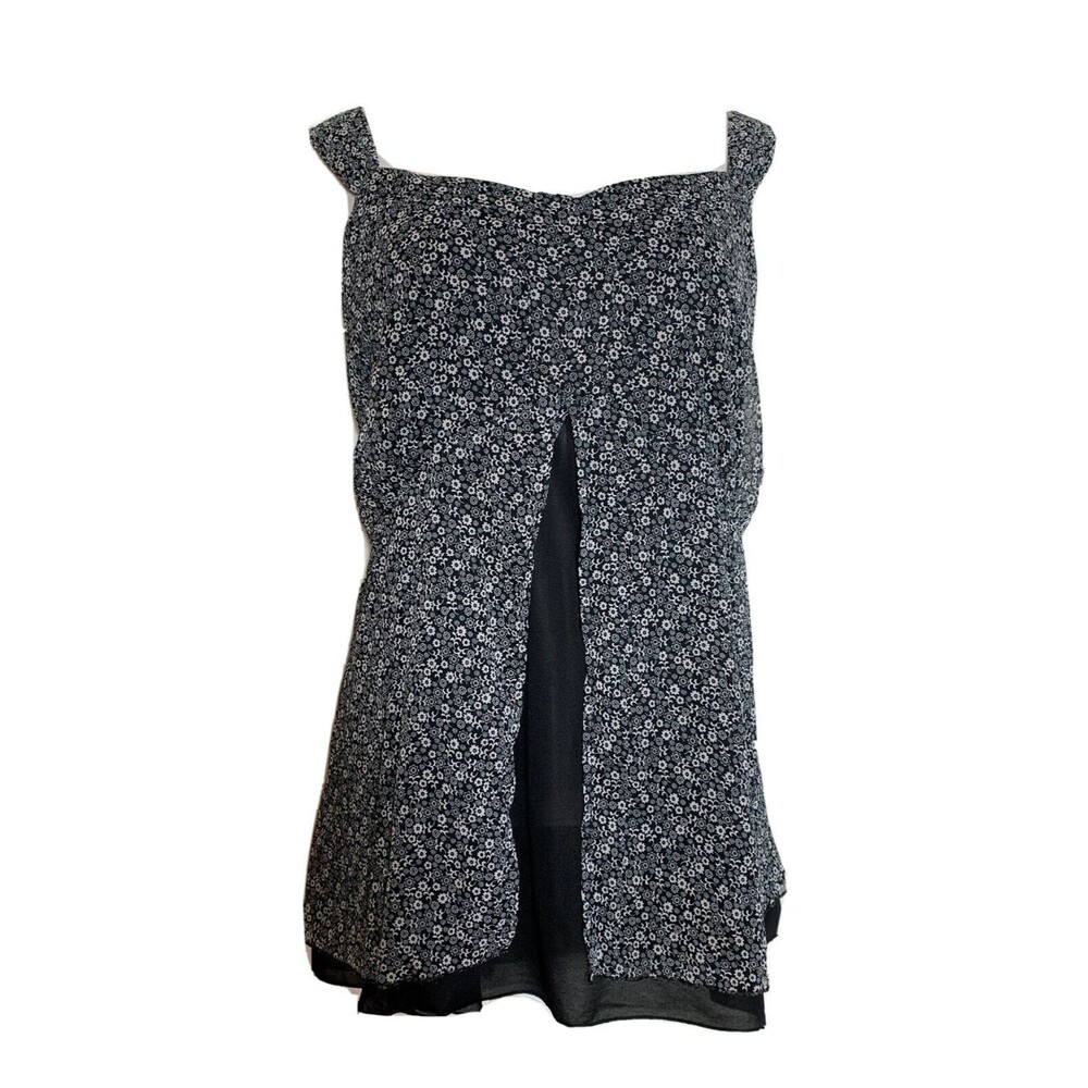 CJ Banks Y2K Plus 3X Boho Top V Neck Sleeveless Sheer Tie Back Black Floral
